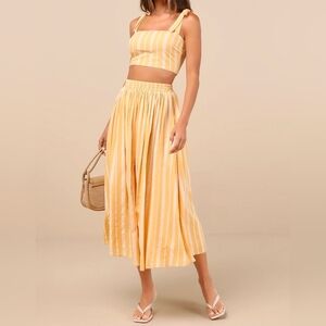 Lulus Cheerful Season Yellow Striped Two-Piece Midi Dress With Pockets, Size XL